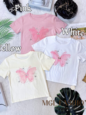 超值大促销Rm42 Now Rm25 Tiffany时尚百搭立体亮钻蝴蝶设计棉质Tee M13511
