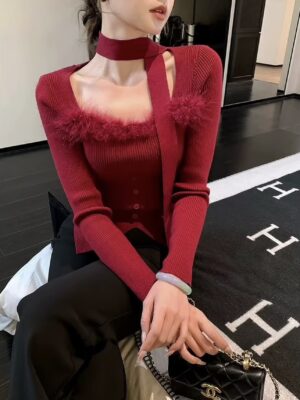 绝美爆款毛衣开放少量现货Rm33 秋冬时尚气质名媛风毛绒编织长袖上衣 M24565