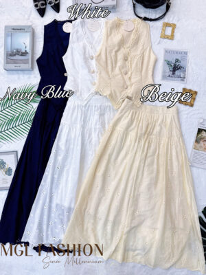 超值大促销Rm112 Now Rm85 Cheri高质量轻奢名媛休闲风通花马甲长裙套装 2576