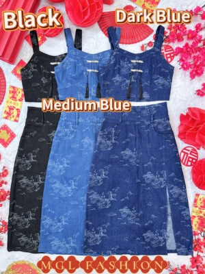 绝美新款上架Rm112-Rm3＝Rm109 SMLXL 新年时尚新中式弹力牛仔提花旗袍上衣+高腰露腿半长裙套装 2612