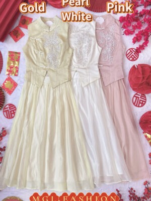 绝美新款上架Rm122-Rm3=Rm119 XSSMLXL  独家绝美超仙气重工亮片珠花设计飘逸流光纱古典旗袍套装 M62237