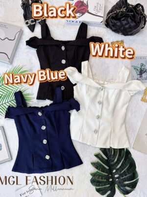 超值大促销Rm67 Now Rm47 Mocca时尚高级轻奢名媛风蝴蝶结肩带亮钻纽扣设计长版时装上衣 823962