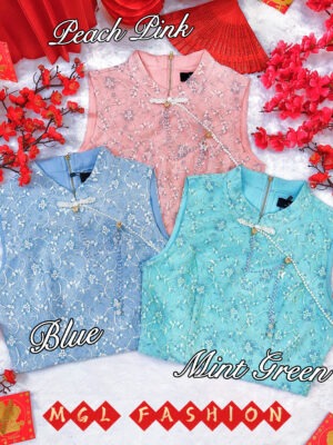 独家旗袍开放少量现货 Rm65-Rm3=Rm62 XSSMLXL 独家百搭重工闪闪银蓝丝绣花亮片蕾丝古典蝴蝶珍珠吊坠旗袍上衣 M62087