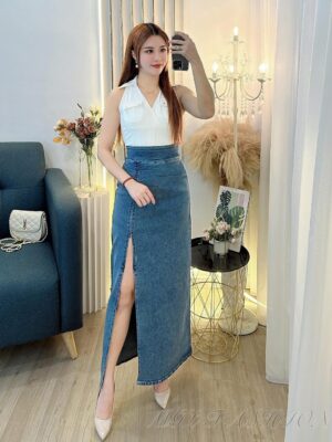 超值大促销Rm84 Now Rm59 时尚个性百搭显瘦弹力牛仔露腿高腰长裙 6722
