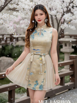 绝美新款上架 Rm122-Rm3=Rm119 XSSMLXL2XL 独家定制古典水晶盘扣金丝提花雪纺马面裙旗袍套装 M62090