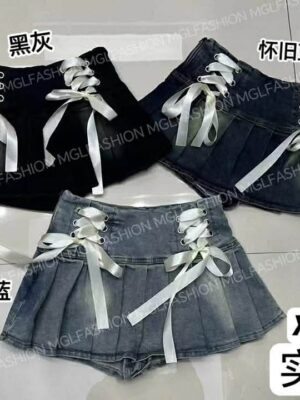 爆款抢先预定下单 Rm65-Rm3=Rm62 XSSML 独家定制超显瘦版型蝴蝶结百褶牛仔高腰裙 M92277