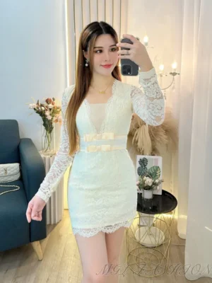 超值大促销Rm107 Now Rm39 SML Mocca气质名媛风蝴蝶结设计蕾丝连身裙 823759