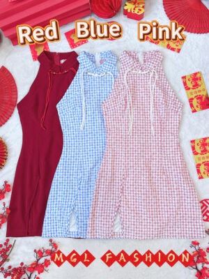 绝美新款上架 Rm84-Rm3=Rm81 SMLXL Ivori 新年新中式格子连身旗袍 7037