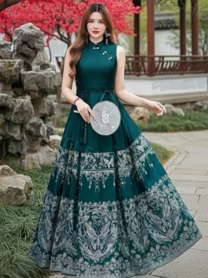 超值大促销 Rm129 Now Rm89 XSSMLXL 独家定制高质量绝美蝴蝶幻彩银丝提花长版马面裙旗袍套装 M62085