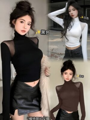 超值预定开放少量现货＃Rm23 Only  时尚女神必备高领弹力网纱露肩长袖仿棉上衣 M27644