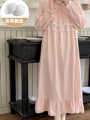 #超值预定开放少量现货 Rm39 Only~ MLXL2XL 巨舒服～柔软云朵棉带胸垫蕾丝长袖睡裙家居服 M12455