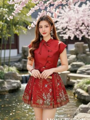 绝美新款上架Rm114-Rm3＝Rm111 SMLXL Ivori新年时尚新中式提花旗袍上衣+金丝刺绣马面短裙套装 6772