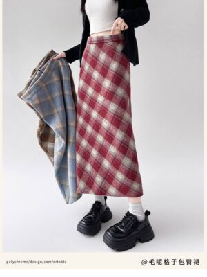 超值预定开放少量现货 Rm39 Only~ 时尚气质英伦风显瘦毛呢铅笔格子高腰半长裙 M021199