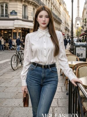 绝美新款上架 Rm62-Rm3＝Rm59 Tiffany气质名媛风珍珠蕾丝长袖衬衫 M8073