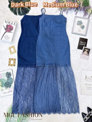 超值大促销Rm99 Now Rm65 Mocca 时尚个性名媛风牛仔蕾丝连身长裙 7060