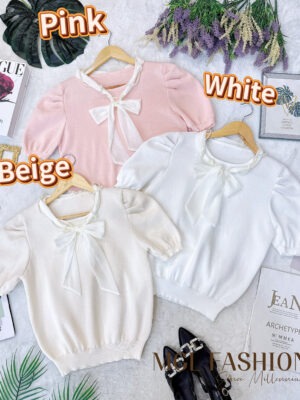 绝美新款上架 Rm52-Rm3＝Rm49 Tiffany 气质名媛百搭珍珠蝴蝶结编织上衣 M1270