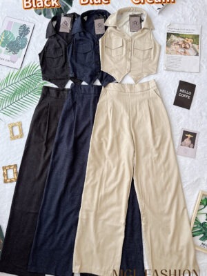 绝美新款上架 Rm125 -Rm3=Rm122 SML  Mocca时尚显瘦仿牛仔马甲+直筒高腰长裤套装 17762