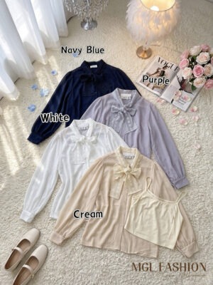 绝美新款上架 Rm57-Rm3 =Rm54 Cheri 气质唯美名媛雪纺蕾丝蝴蝶结衬衫 3037