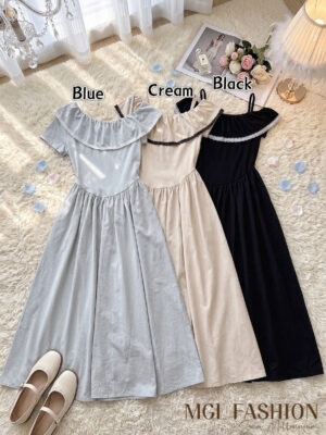 绝美新款上架Rm65-Rm 3=Rm Rm62 Tiffany 气质唯美蕾丝拉边棉质连身长裙 M2608