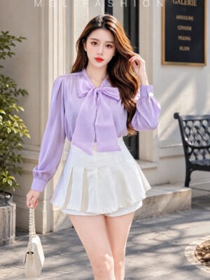 绝美新款上架 Rm52-Rm3=Rm49 Tiffany 气质名媛风珍珠蝴蝶结珠光绸缎长袖衬衫 M66781