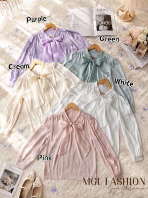绝美新款上架 Rm52-Rm3=Rm49 Tiffany 气质名媛风珍珠蝴蝶结珠光绸缎长袖衬衫 M66781