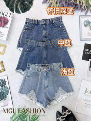 绝美新款上架 Rm59-Rm3=Rm56 SMLXL Dress up  时尚简约百搭蕾丝高腰牛仔短裤 31094