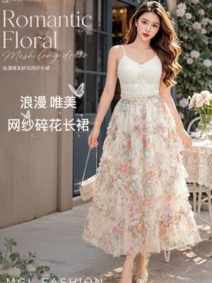 绝美新款上架 Rm58-Rm3=Rm55 Tiffany 绝美百搭碎花网纱长裙 M60082