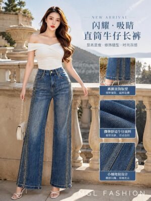 绝美新款上架 Rm79-Rm3=Rm76 XSSMLXL Re&Co 时尚百搭亮钻直筒牛仔长裤 M228890