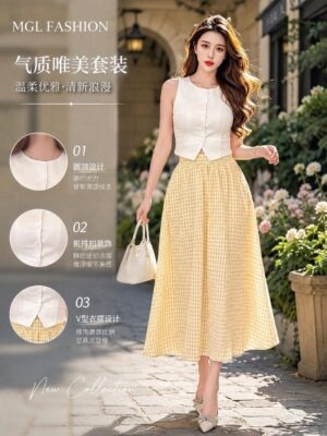 绝美新款上架 Rm102 -Rm 3=Rm99 SML Impress 气质个性百搭格子长裙西装套装 7298