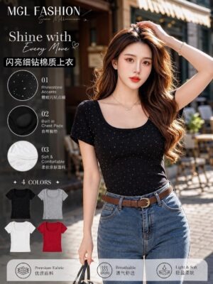 绝美新款上架 Rm35-Rm3=Rm32 Re&co 绝美百搭亮钻棉质上衣 M11389