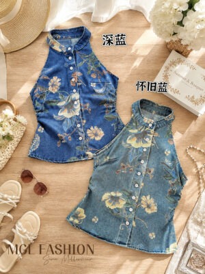 绝美新款上架 Rm65-Rm3=Rm62 Posh Code 时尚港式复古印花修腰牛仔上衣 14730