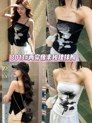 超值预定开放少量现货 #Rm25  法式复古两穿玫瑰像素棉质吊带抹胸上衣 P3013-1