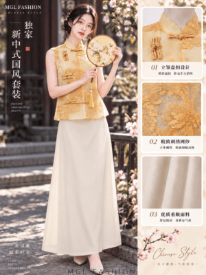 绝美新款上架 Rm119-Rm3=Rm116 SMLXL Camila 新年气质唯美刺绣纱质上衣+珠光绸缎连身裙两件式旗袍套装 21878