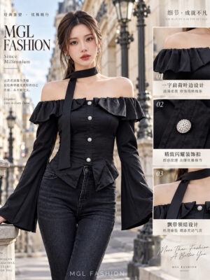 超值大促销Rm49 Now Rm35 Tiffany 高级法式珠光绸缎露肩时装上衣 M9997
