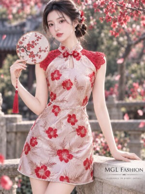绝美新款上架 Rm109 SMLXL Beloved 新年气质唯美提花水溶蕾丝珍珠旗袍连身裙 2396