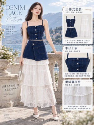 绝美新款上架 Rm159-Rm3=Rm156 SMLXL Mocca 时尚个性百搭蕾丝裙三件式牛仔套装 77358