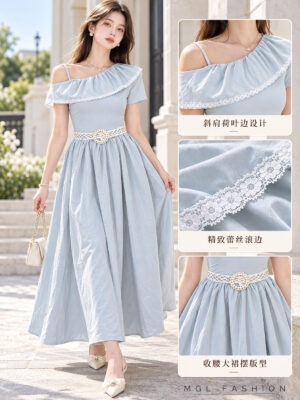绝美新款上架Rm65-Rm 3=Rm Rm62 Tiffany 气质唯美蕾丝拉边棉质连身长裙 M2608