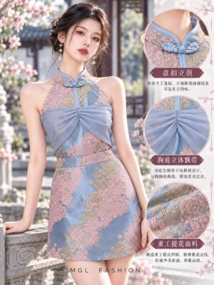 绝美新款上架Rm99-Rm3=Rm96 SML Ivori 新年新中式网纱蝴蝶结提花旗袍套装 7503