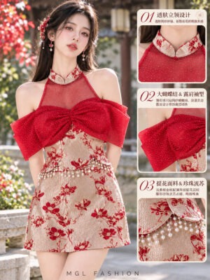 绝美新款上架Rm135-Rm3=Rm132 SML Mocca 新年气质唯美亮钻网纱拼接提花珍珠旗袍套装 823959