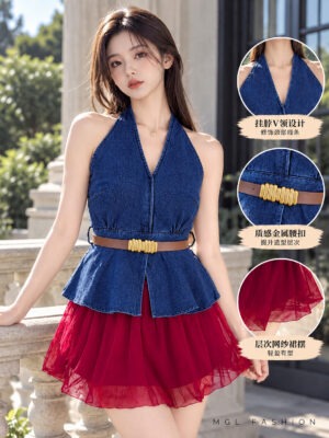 超值大促销Rm104 Now Rm75 In Denim 时尚高级感牛仔上衣+花苞网纱短裙套装 6964