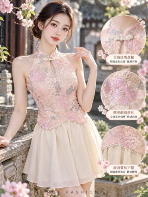 ✨较小的宝贝看过来✨ 绝美新款上架Rm135-Rm3=Rm132 SML Posh Code 新年新中式网纱刺绣蕾丝上衣+雪纺短裙旗袍套装 22033