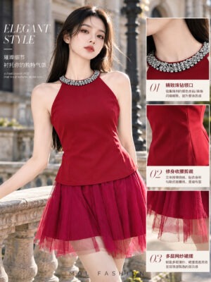 绝美新款上架Rm107-Rm3=Rm104 SML Impress 气质唯美网纱短裙+亮钻锦棉时装上衣套装 7530