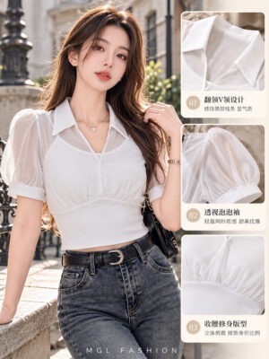 绝美新款上架Rm49-Rm3 =Rm46 SML Jamae 气质唯美雪纺拼接棉质假两件上衣 99619