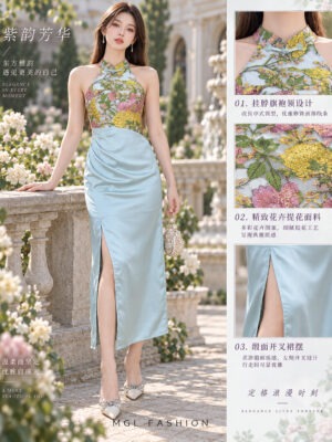 绝美新款上架Rm115-Rm3=Rm112 SML Posh Code 新年气质唯美提花绸缎旗袍连身裙 81787
